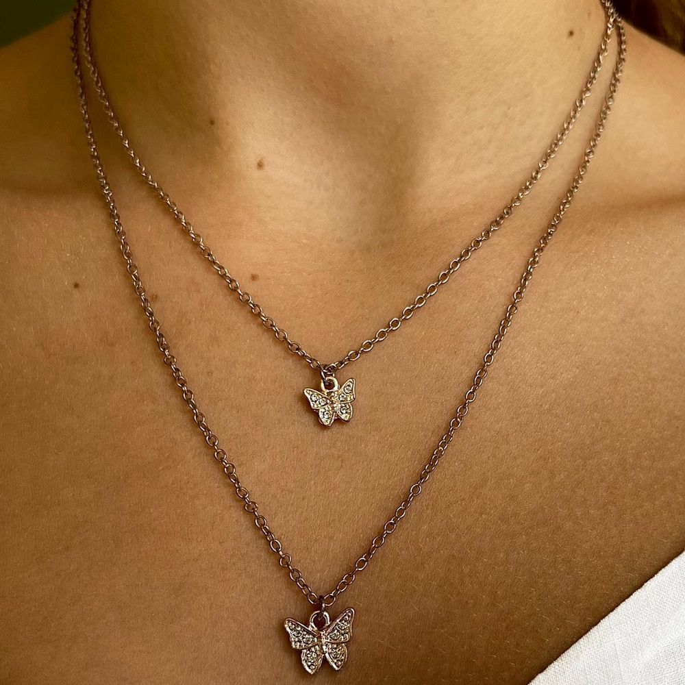 Rhinestone Butterfly Charm Layered Necklace